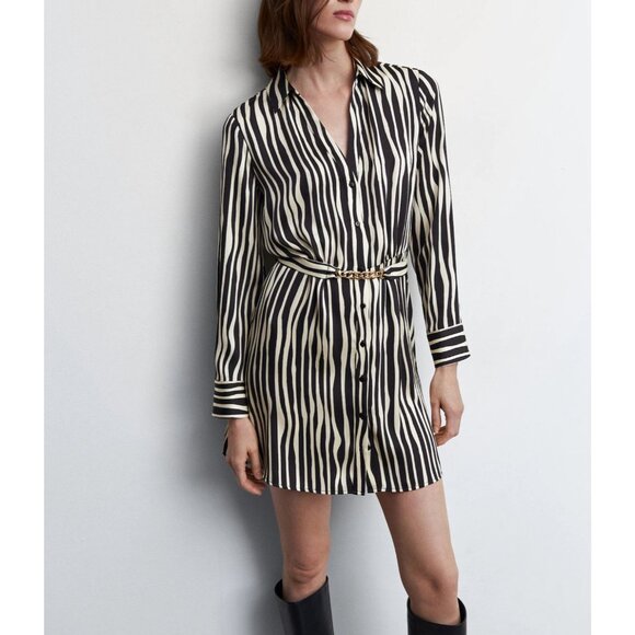NWOT‎ Mango Black & Cream Striped Satin Shirt Dress XL - Picture 1 of 16
